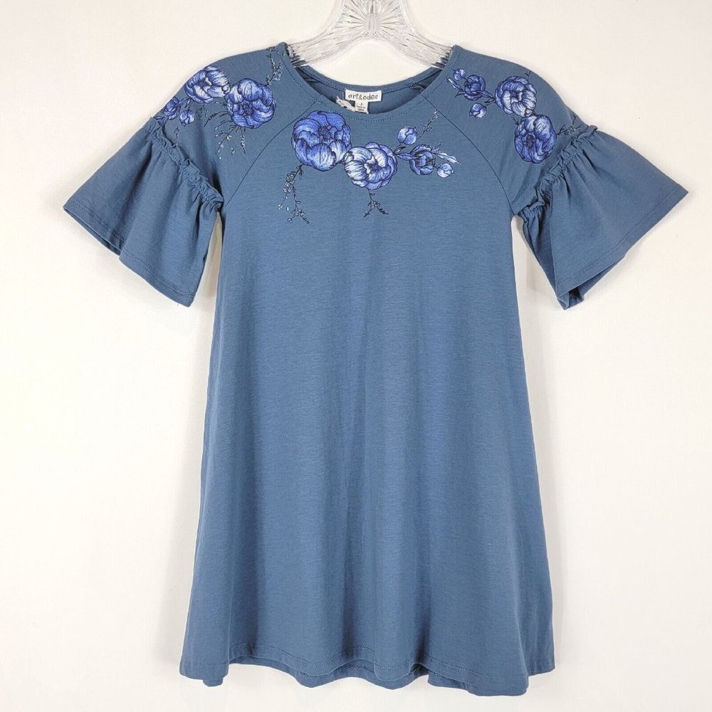 Art and Eden Girls Abigail Dress Size 8 Bell Sleeves Blue Floral Organic Cotton